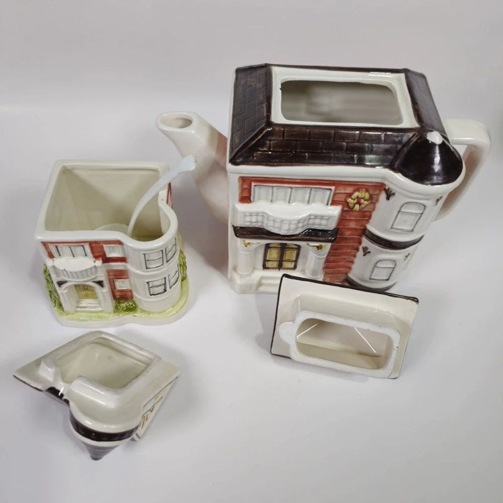Vintage Otagiri 2Pc Hand Painted Cottage House Teapot and Sugar Set Japan